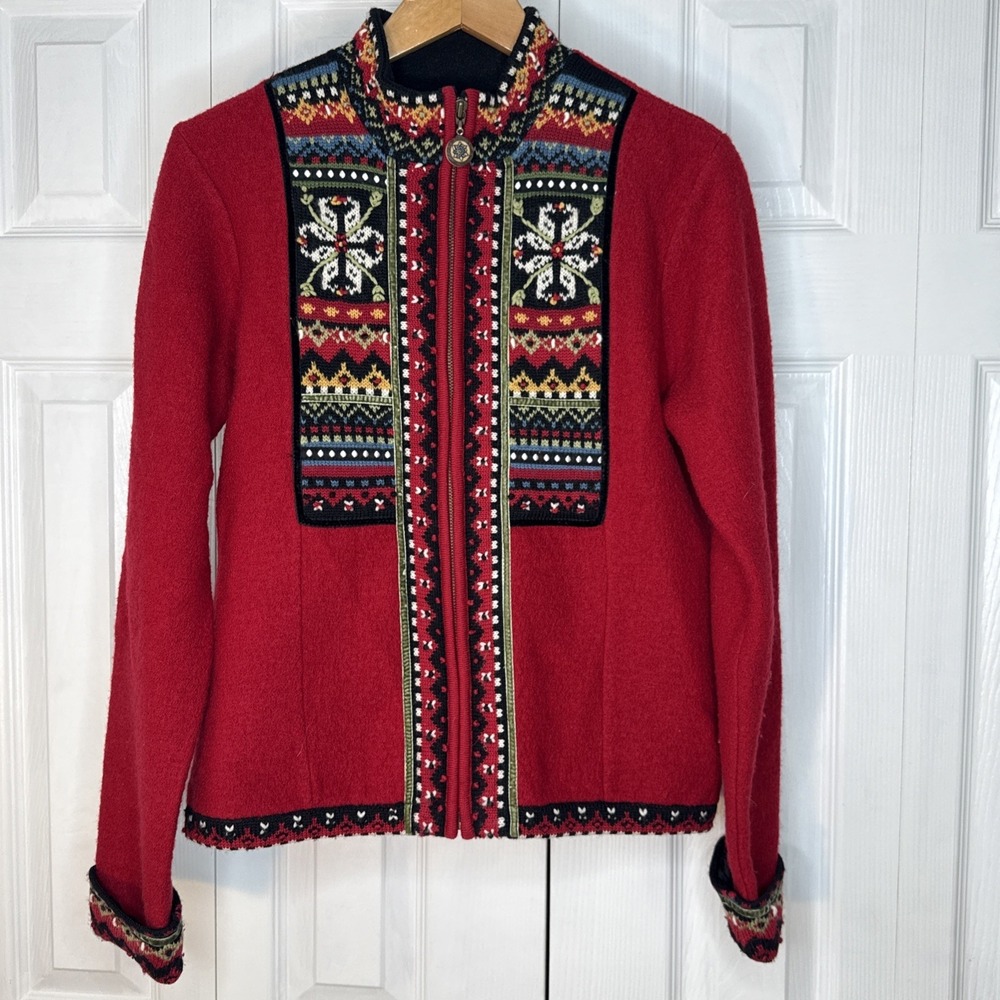 Icelandic Design Jacket Women's Size SMALL‎ outdoor Wool Red Snowflakes Winter